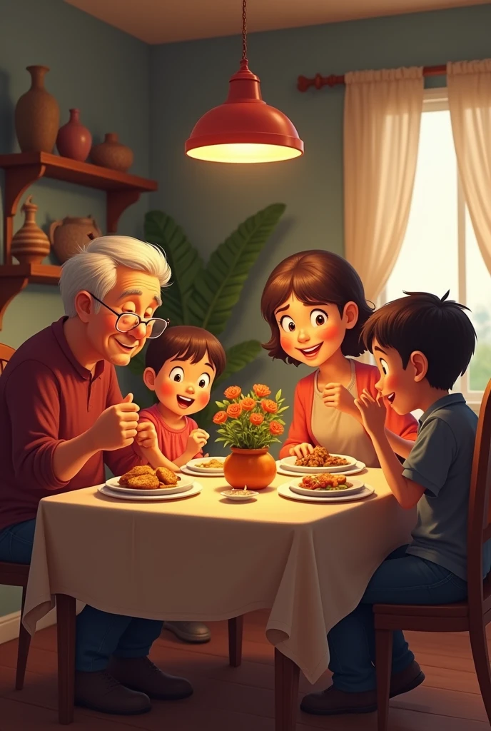 A large table with a woman and man with children laughing together with the grandfather