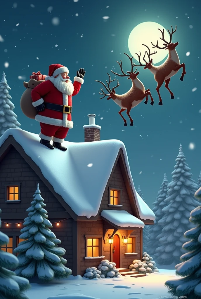 Watching Santa Claus out the window walk away with his reindeer on the roof along with his presents