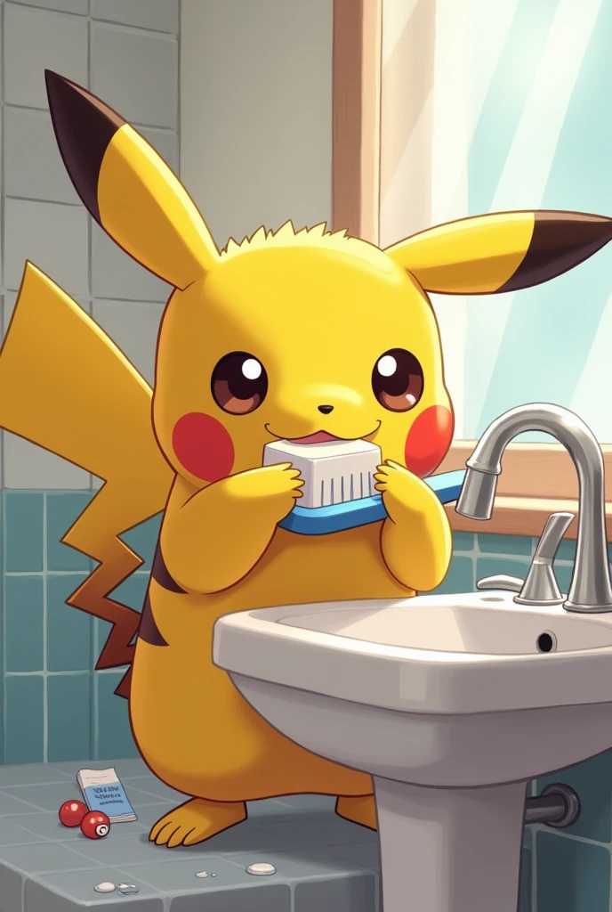 Illustrate a cute scene of Pikachu washing its face in the bathroom or brushing its teeth as part of a morning routine