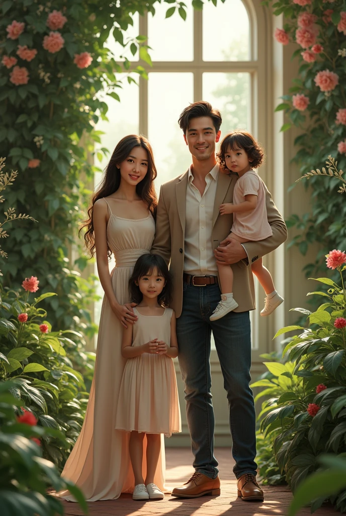 Real person famiy pictorial. woman beautiful with dress my 4 children and her husband. her children are female and she has a sister and a brother and another brother .with attire.with flowers garden butterfly sitting in chair