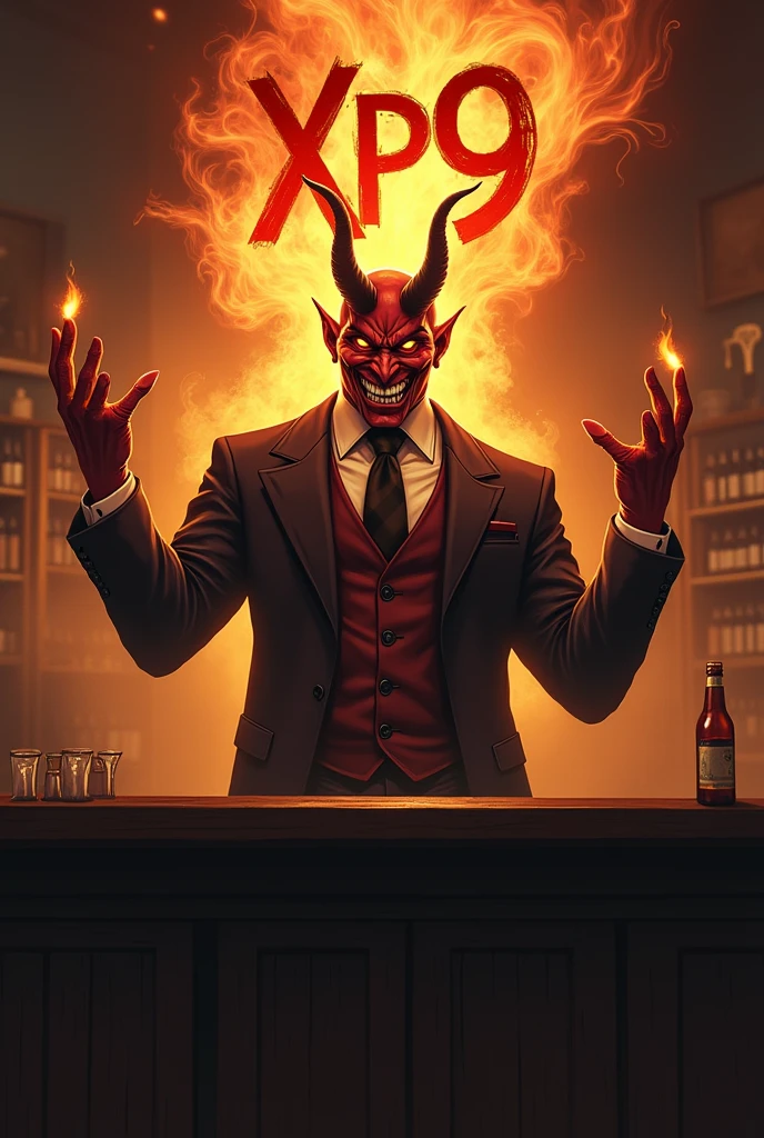 disney cartoon pinup illustration,beautiful demon male in the bar,dark red skin,short white hair,red horns,red tail,pinup clothes,full body image