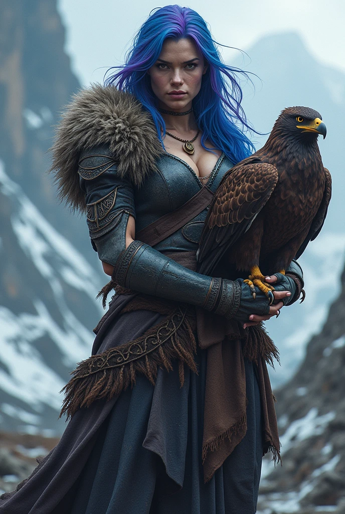 Make a detailed picture of a girl with long, light blue hair, purples eyes, and serious expression along with a giant eagle with feathers made of fire. In this image, the girl is in front of the eagle wearing a black, torn dress, she is slightly injured.