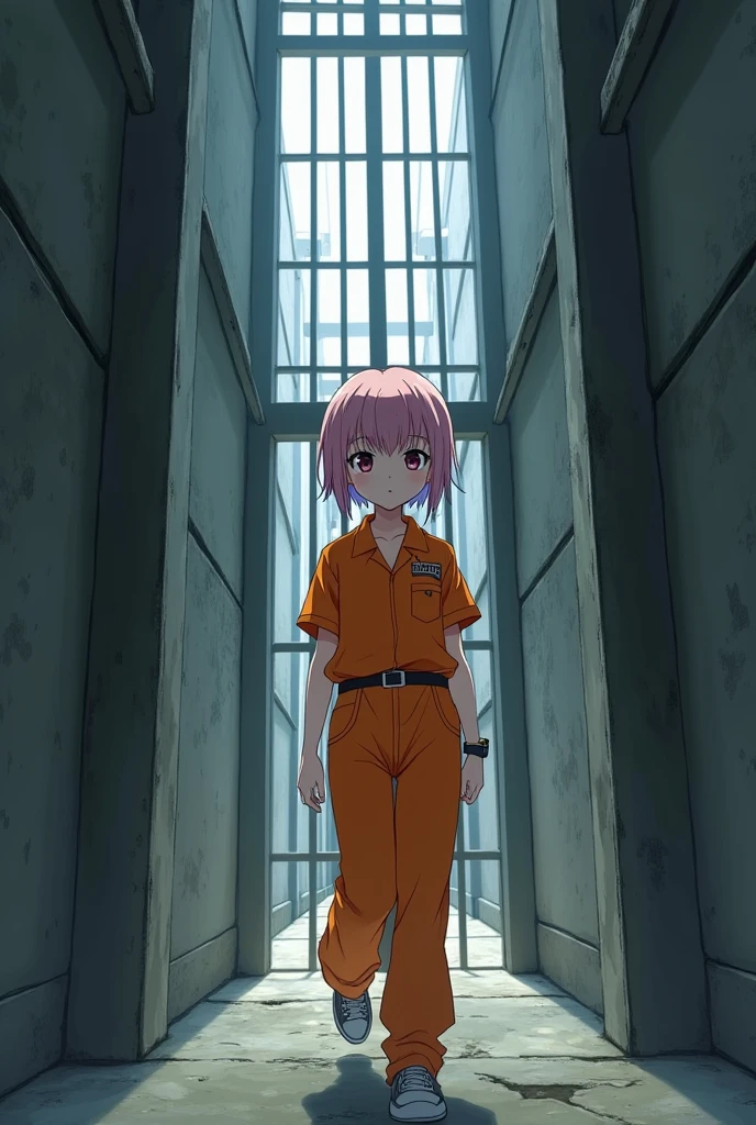 Anime Princess Peach barefoot in orange prison jumpsuit waist and wrists chained in her cell