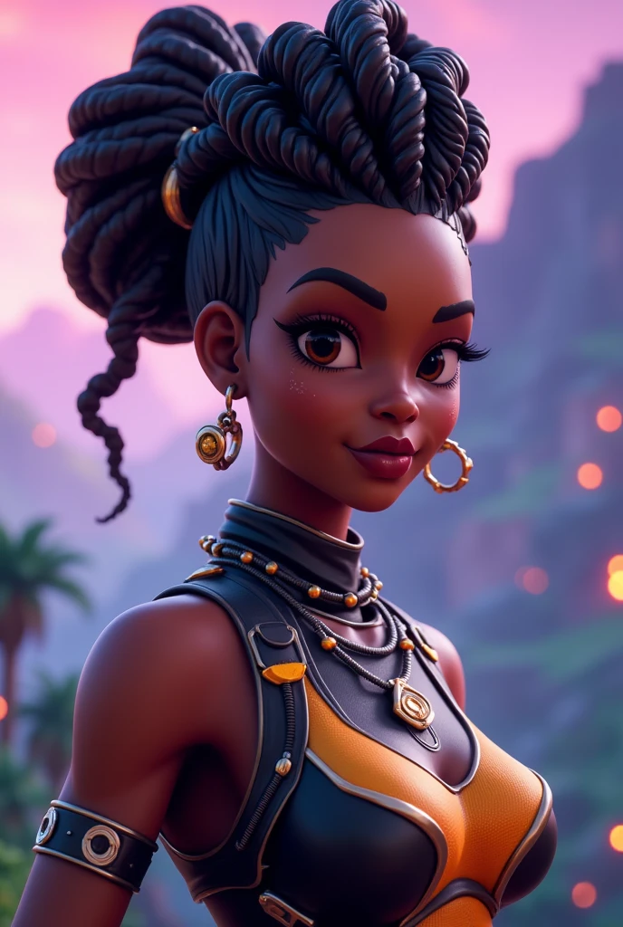 Young african goddess girl, a closeup of a cartoon character wearing a light purple hat and scarf, (heterochromia eyes), stylized character, animation character, stylized 3d render, 3d character, highly detailed character, stylized anime, stylized 3d, render character, character model