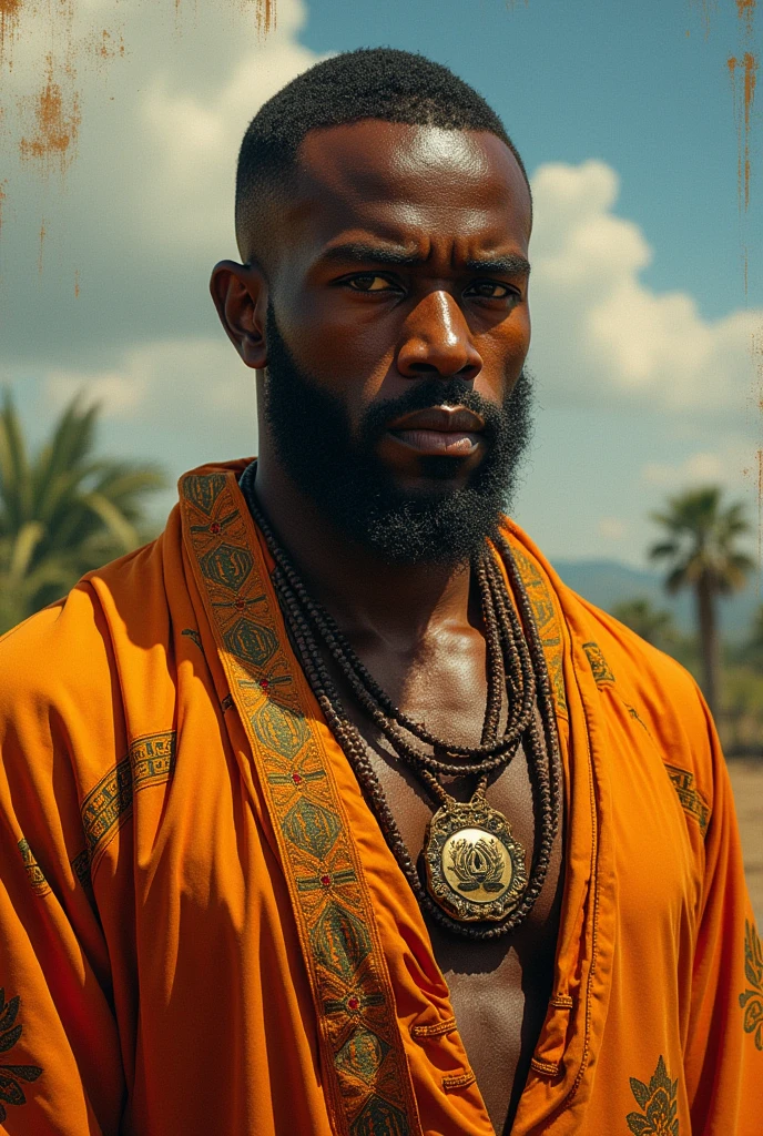 fking_scifi, fking_scifi_v2, portrait of a middle age, muscular very hary, handsome and attractive African warrior man, in front of a foggy forest, rich colorful clothes and golden african jewelry, close up, regal pose and attitude. fking_cinema_v2.
