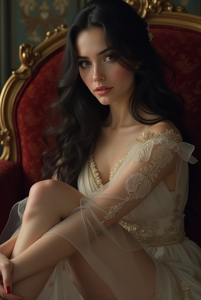 beautiful youn girl,4k,ultra detailed,tattoo,smoke,expressive beautiful,younger,tattoo,wearing fantasy white dress, wearing fantasy white high heels,sitting on the throne,crossed legs,sexy,make-up