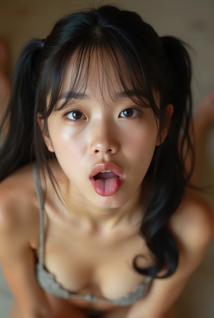 ultra closeup image of a nude teen girl with her head tilted back and her wide mouth wide open, view from on top of her.