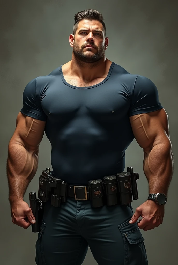 A portrait full body photograph Atractive mid age cop, cap cop, police badge, Aviator glasses, Handcuffs, gun, club, medium hair shaved sides, Strong, muscular, hairy big belly bodybuilder, showing very hairy pubs groin area,leather boots, epic realistic, photo, faded, neutral colors, ((((hdr)))), muted colors, intricate scene, artstation, intricate details, vignette