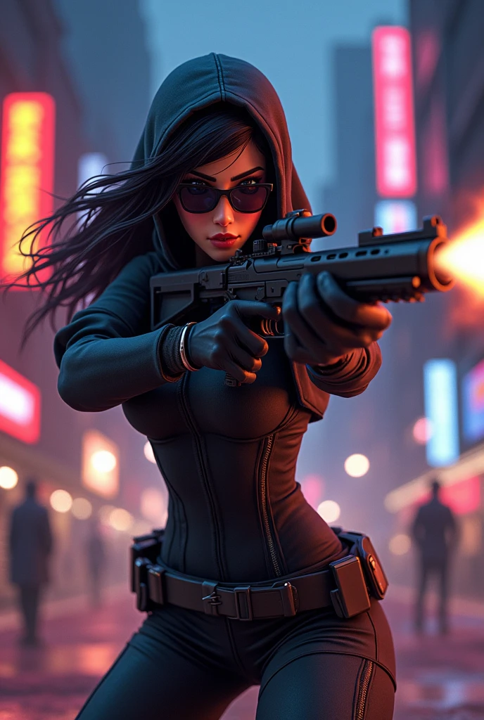 cyberpunk-style city with a nocturnal vibe with Blade Runner-like aesthetic references, glowing huge clock tower as time machine. At night, (1girl, solo, alone), photorealistic, medium-breast slim:0.6 body, oval:0.5 face, cleavage:1.1, sexy black laced bra, miniskirt, white laced panty, coat, (black micro sunglasses), (holding a short gun), (slightly leaning forward running pose), ((half-body thigh level medium shot)), cinematic lighting, ray tracing, motion blurred background.