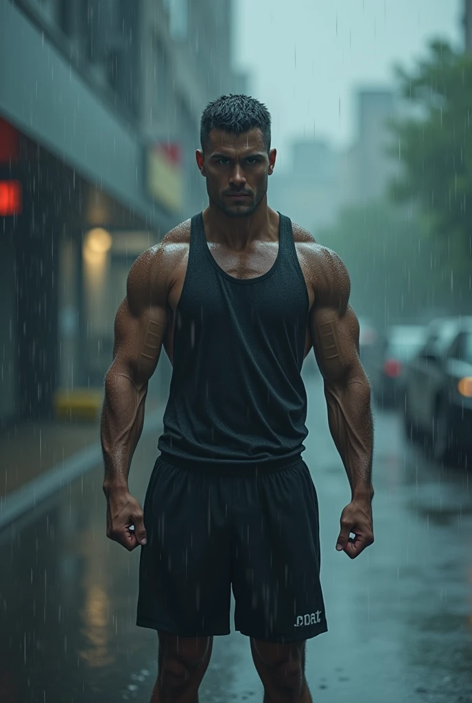 A gym man sitting on a bench on the street, in the rain holding an umbrella, with cap looking down at night Observation: the image has to be from the front 