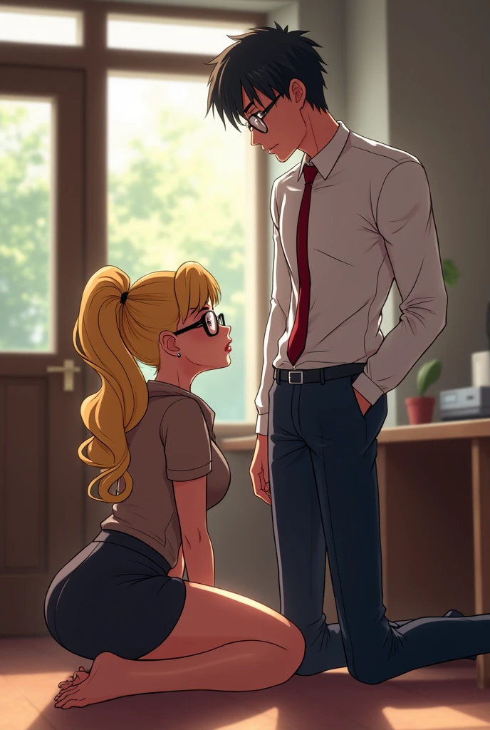 masterpiece, highlydetailed, (1boy:1.5) (1girl:1.5), (blonde hair:brown hair:0.8), (couple:1.2), (crop top: 0.7), (long hair:0.9), (midriff:0.5), (multiple girls:1.2), (pants:0.8), (red shirt:0.6), (shirt:0.6), (sitting:0.8), (t-shirt:0.7)