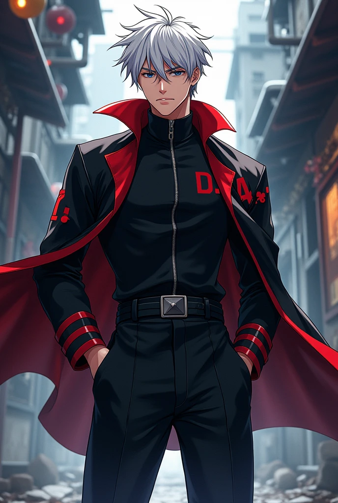 blazblue Concept ART ,human Male  ,Clear Skin ,Red eyewear , white hair,long braided ,zip Red Coat  , Full body , Black Gloves  , Black boots , 