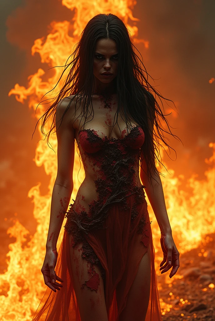 a goddes woman that have beautiful body, her mouth is open showing her very sharp teeth, beautiful long curly hair, red eyes. Her powers is fire, she can turn into invisible and speed than a light. Her attitude is only nice to people who is nice to her
