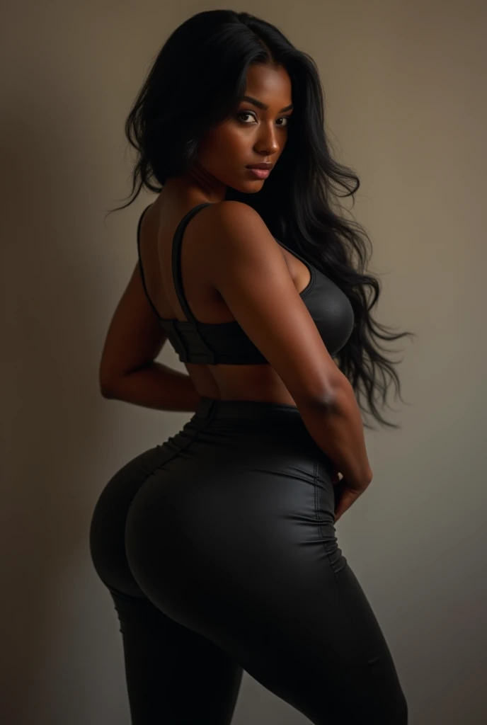 A 30 year old black woman, long black hair, thick hourglass figure, buxom, enormous breasts, very wide hips, big booty, body like nicki minaj, sexy exotic look, wearing a loose-fitting grey mens tshirt and mens boxers, confused serious expression, looking directly into the camera, entire body visible, full body, hyperrealistic, real human skin, best quality, 8K, masterpiece, extremely intricate, detailed eyes, detailed face, detailed body, exaggerated features, pronounced features, fujifilm