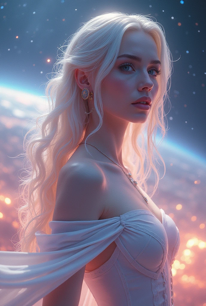 "4K style quality, digital drawing mode, Space fantasy-themed female character, long white hair with star-like sparkles, glowing lavender eyes, wearing a celestial robe adorned with constellations, Blur the background to create a three-dimensional effect, atmosphere, standing in a starry realm with cosmic nebulae and floating asteroids, radiant skin, calm and visionary expression, full body, dynamic pose, life size, perfect anatomy, detailed skin texture, full HD, 4K, HDR, perfect anatomy, depth