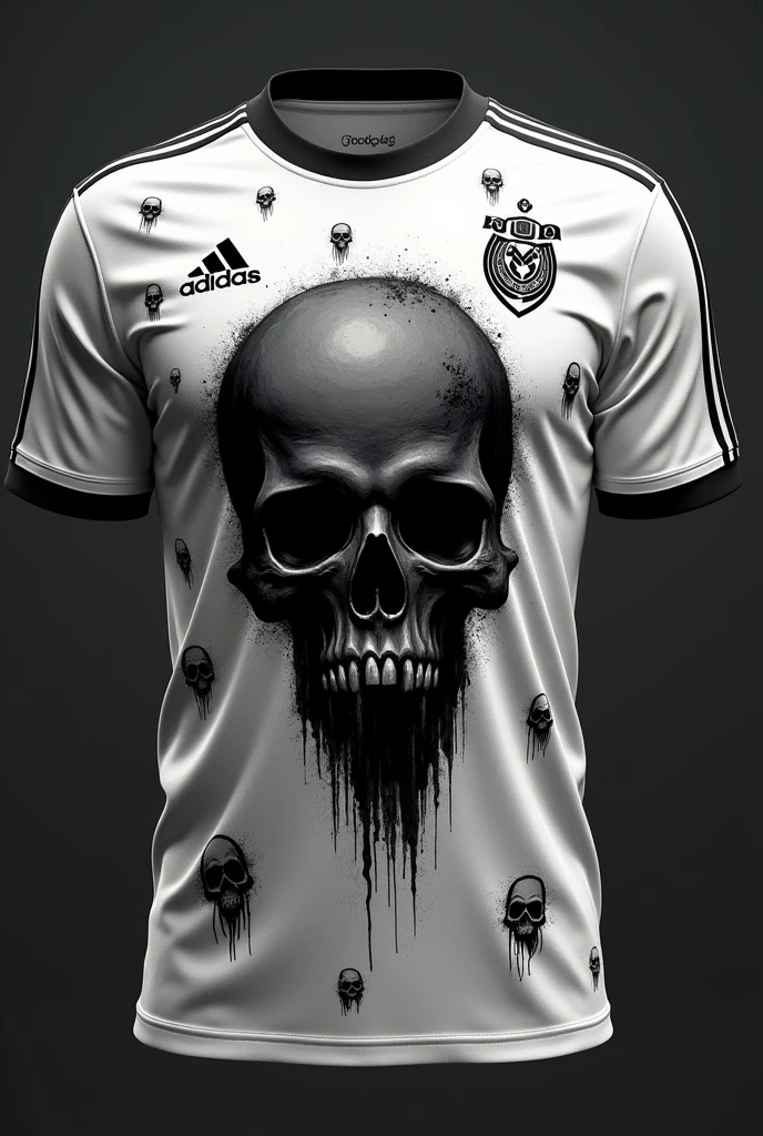 Make a complete micro soccer uniform that includes the colors black, White and grey with some design that has an evil goblin smoking a cigarette and blowing smoke and that there are demons on the uniform and on the shorts that also have the goblin design.