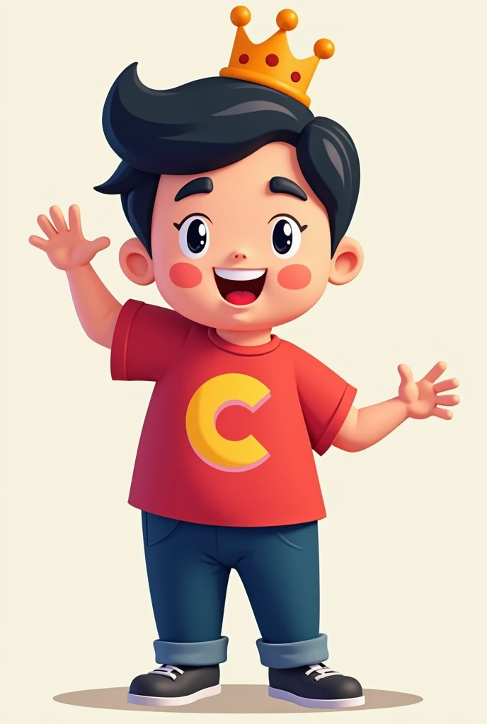 Company mascot , red shirt , logo c on the shirt , navy blue pants, black hair, cartoonized crown
