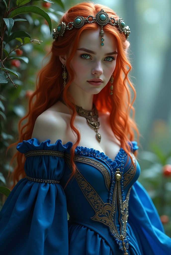 (((masterpiece))), best quality, illustration, 4K wallpaper, cinematic light, Absurdres, (full body shot:1) photorealistic image of a (standing pose:1) ultrarealistic, photography, long red hair, woman, 24 years old, hourglass figure, perfect body, Flirty look, natural medium breasts, red hair, glow hair, bloom hair, clothing princess, looking front