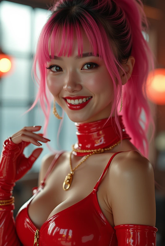 (mesa, Mejor calidad:1.2), harley quinn (Liga del Dios de la Justicia々y monstruos), Cosas ilimitadas, 1 chica en, sonrisa, session, mirando al espectador, Comer hielo raspado, en el puesto de comida, noche