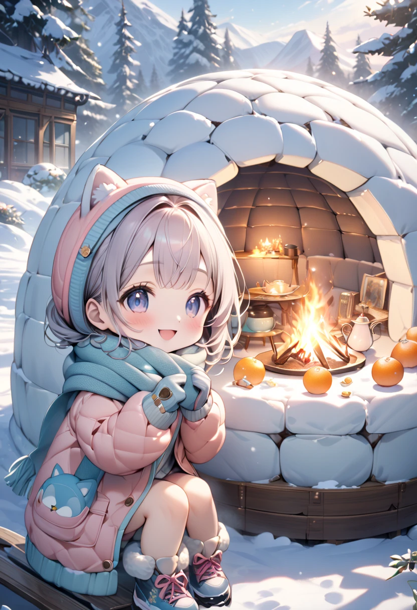 (masterpiece, ultra-detailed, best quality, clear focus, dramatic scene, cinematic), shadow, (ultra-high resolution, 8k), perfect anatomy, perfect face, (detailed face, detailed eye, chibi), cute Japanese chibi girl, famous Japanese chibi idol, very beautiful and cute and cool face, (wearing a cute pastel colored winter outdoor wear, woolen scarf and glove, knit cap, skate shoes:1.2), (large breasts), (She is warming herself by the bonfire in the snow igloo with a cute giant cat:1.3), (antique table and chair, antique tea set, piles of mandarin oranges are on the table, sitting), beautiful winter sunlight, professional lighting, (detailed giant cat is mewing in the igloo:1.35), she looks so happy, It is heavy snowing outside, happy smile