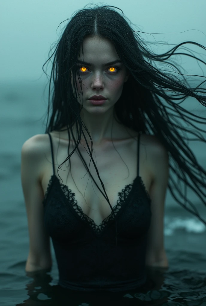 (best quality, ultra-detailed, realistic:1.37), portraits, dark, contrasted, intense, dramatic lighting, black and white tones, dark shadows, smoky atmosphere, haunting gaze, ethereal beauty, eerie silence, supernatural aura, wet black hair flowing, delicate porcelain skin, pale complexion, misty fog, chilling vibes, mysterious aura, powerful presence, gothic vibes, intense emotion, surreal elements, dark fantasy, feathers floating in the air, wet droplets on skin, unsettling beauty, captivating and intimidating, visually striking composition