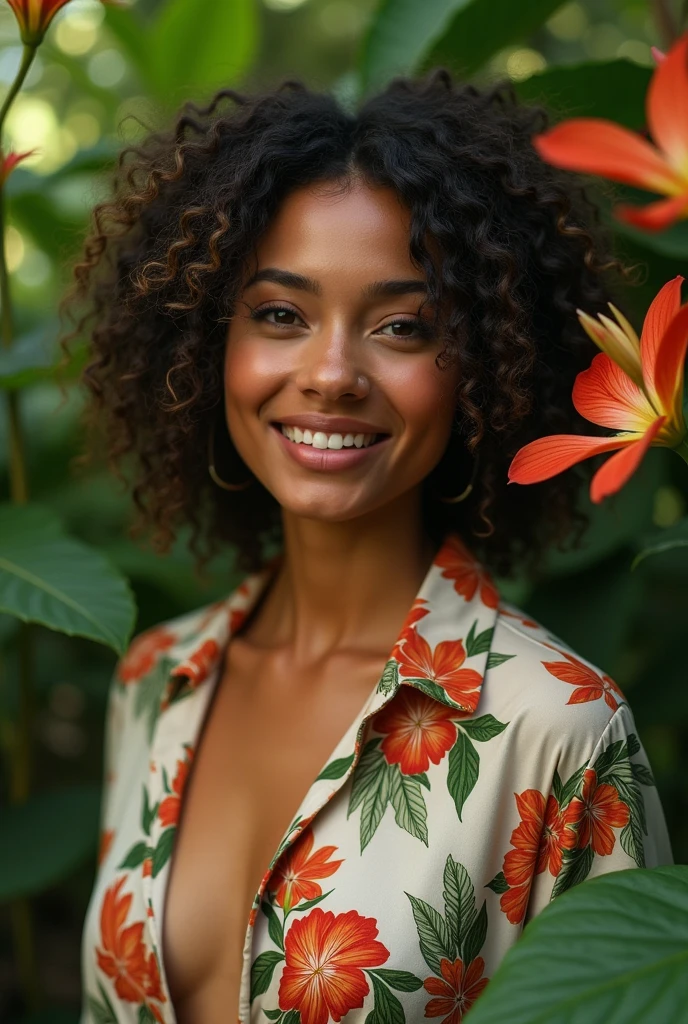 A Brazilian woman in a lush tropical garden, wearing an open shirt with a floral print, with a close-up capturing the harmonious beauty between her breasts and the natural flowers, showing off your natural charm and outgoing personality.