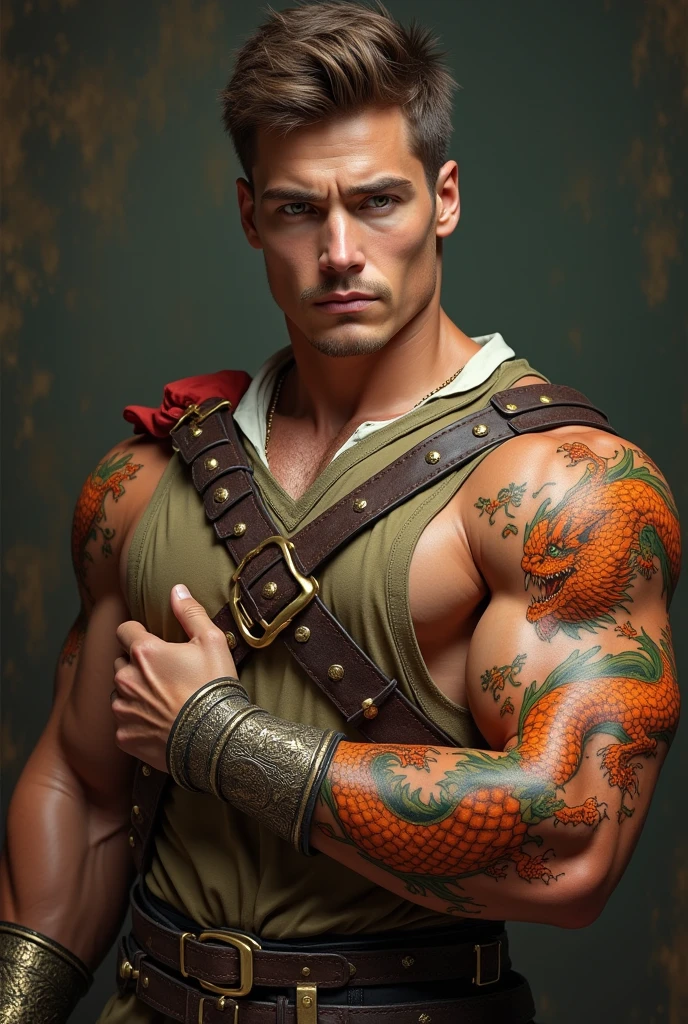 Create a 3 boy with an amputee of his right arm with a tattoo of a dragon on his arm going to his dark chest, tall military hair watch and cord 