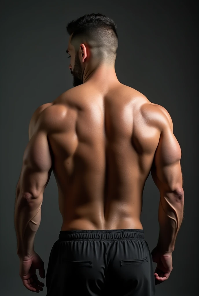 arafed man with no shirt on standing in front of a gray background, his back is turned, arched back, full growth from the back, his arms are behind his back, back pose, back arched, with his back turned, hunched shoulders, back - shot, arms behind back, chiseled muscles, in full growth from the back