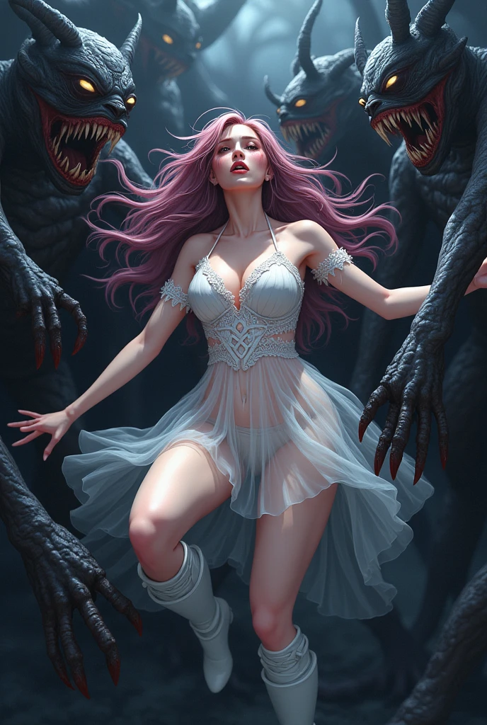 Werewolf attacking a young woman. torn clothes. small breasts. pink panties. green dress.