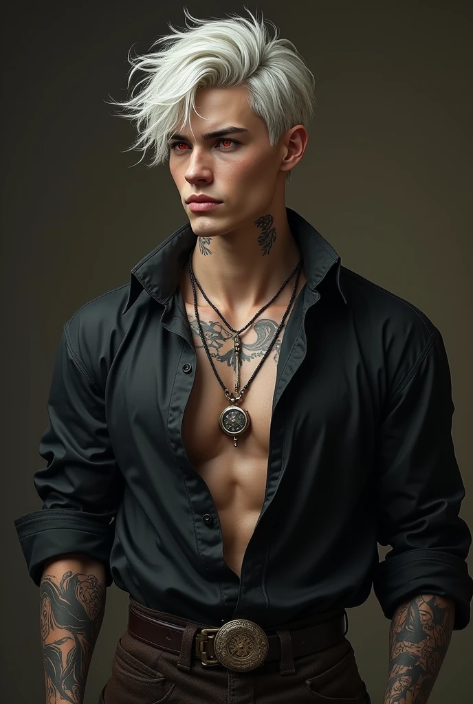 A handsome young man with white skin, tall, blond hair, green eyes, a hot, sexy, toned body with tattoos and piercings, sitting in an armchair 