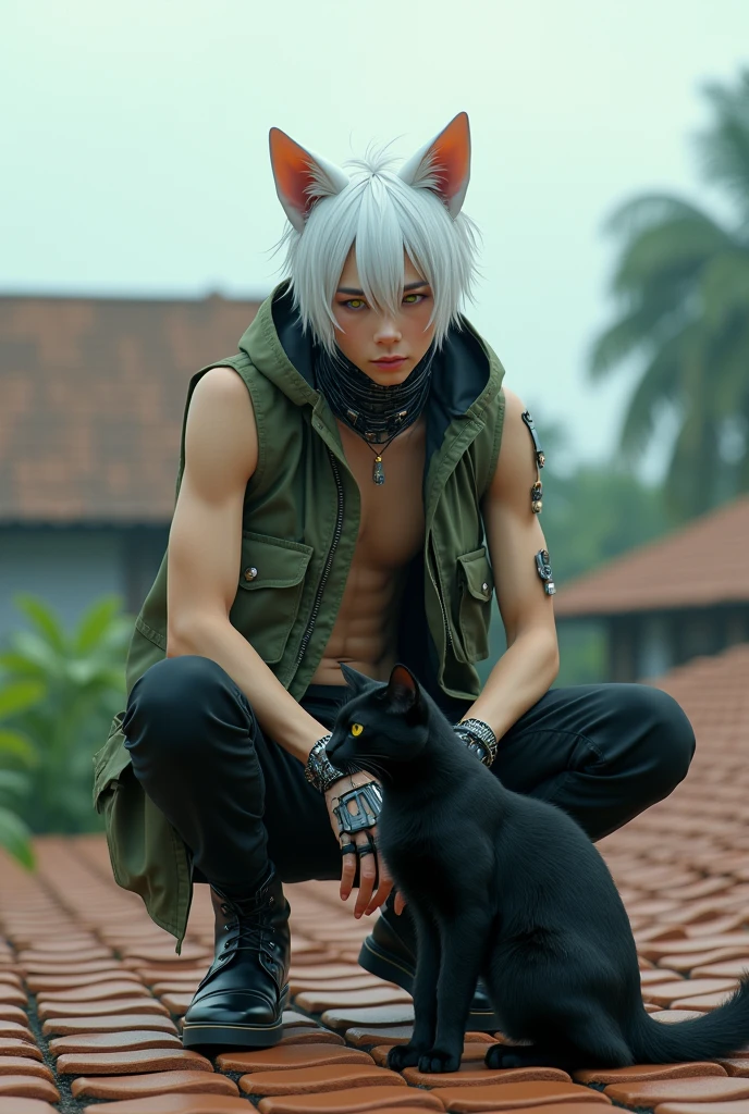 Wolf boy with bruses and cuts, shackles on his wrists and ankles. Sad and doesnt trust anyone. Has a pet wolf that protects him