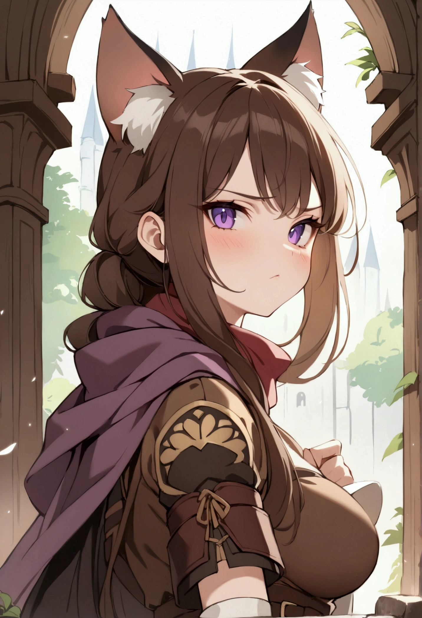 (1girl, Masterpiece, best quality) A young cat-woman female with (long length brown hair). brown cat ears with white fur. Neutral, sligthly serious expression. medieval-style dark brown, white and purple outfit. She has purple eyes. She has a brown belt cinched around her waist. She wears brown pants. She's wearing a scarf.
