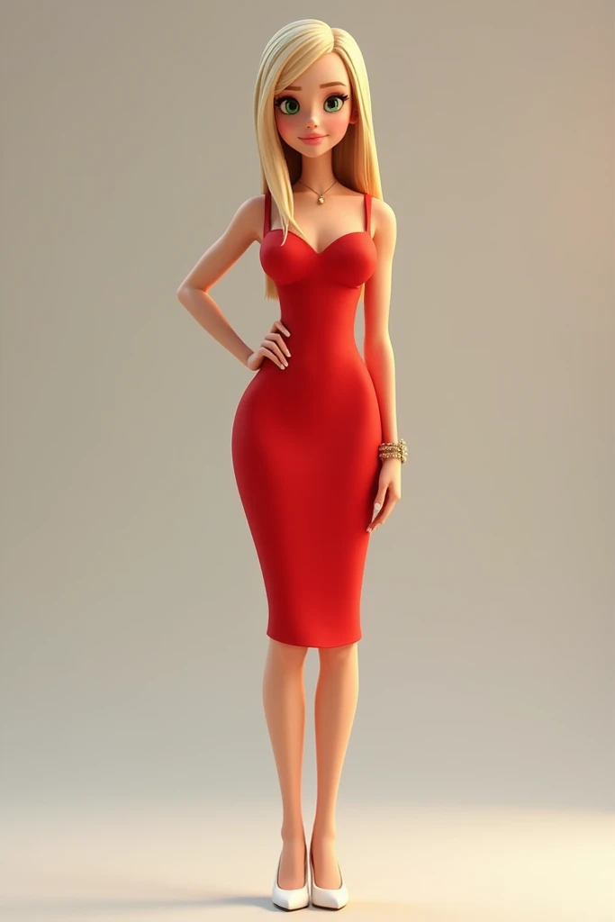 (Disney Pixar style: 1.2) (20-year-old adult: 1.15), white, hazel eyes, wearing a modern dress, large breasts, standing in a T-shape with small waist, open and stretched hands with large legs mirando de frente que se vean los cinco dedos de las manos y los brazos estirados  rubia

