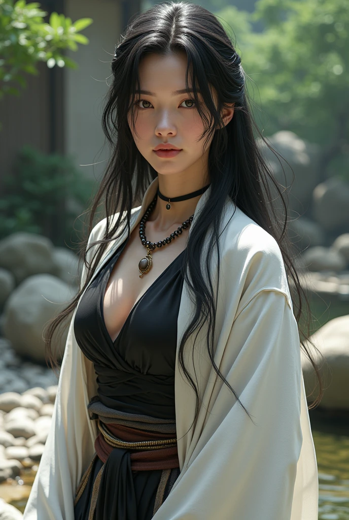 Girl in samurai costume, big chest, white, big body, curvy, long black hair, white