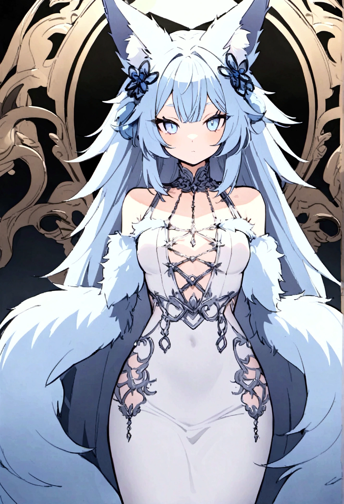 1girl ,white hair,blue eyes, pale skinned beast, white dragon, dragon horns, polar, ice knight , heavy armor, nice clothes, archer, (high resolution, high detail, best quality), calm, big breasts
