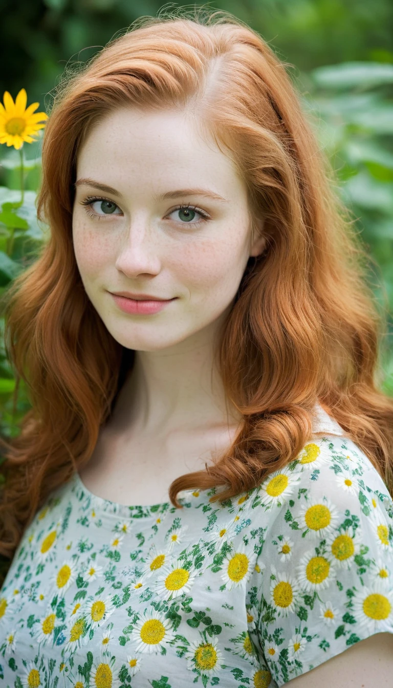 photography half body portrait of very beautiful realistic girl, 15-years-old, porcelain skin, very fair skin, very pale skin, redhead, long wavy, detail freckles skin, hazel eyes, slanted eyes, small nose, small nostril, thick curved eyebrow, thick bottom lip, seductive gaze, happy face, unique face, wear flowers shirt, detail photo, realistic photo, master piece picture, sharp picture, outdoor clear daylight