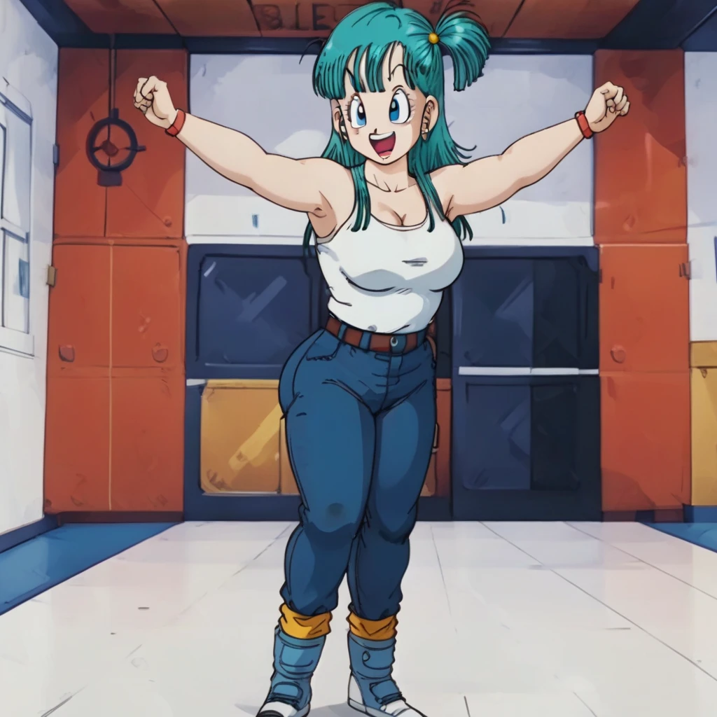 source_,   score_9,   score_8_above,   score_7_above,  animado screencap, Bulma \( dragon ball\), long hair, Aqua Hair, blue eyes wristwatch, desnuda,  jeans pants , clavicle,   inner room  ,  Curvy young woman ,  big breasts and big butt ,  poses with arms raised at her sides, making a fist ,  showing her armpits, chubby, curvy body