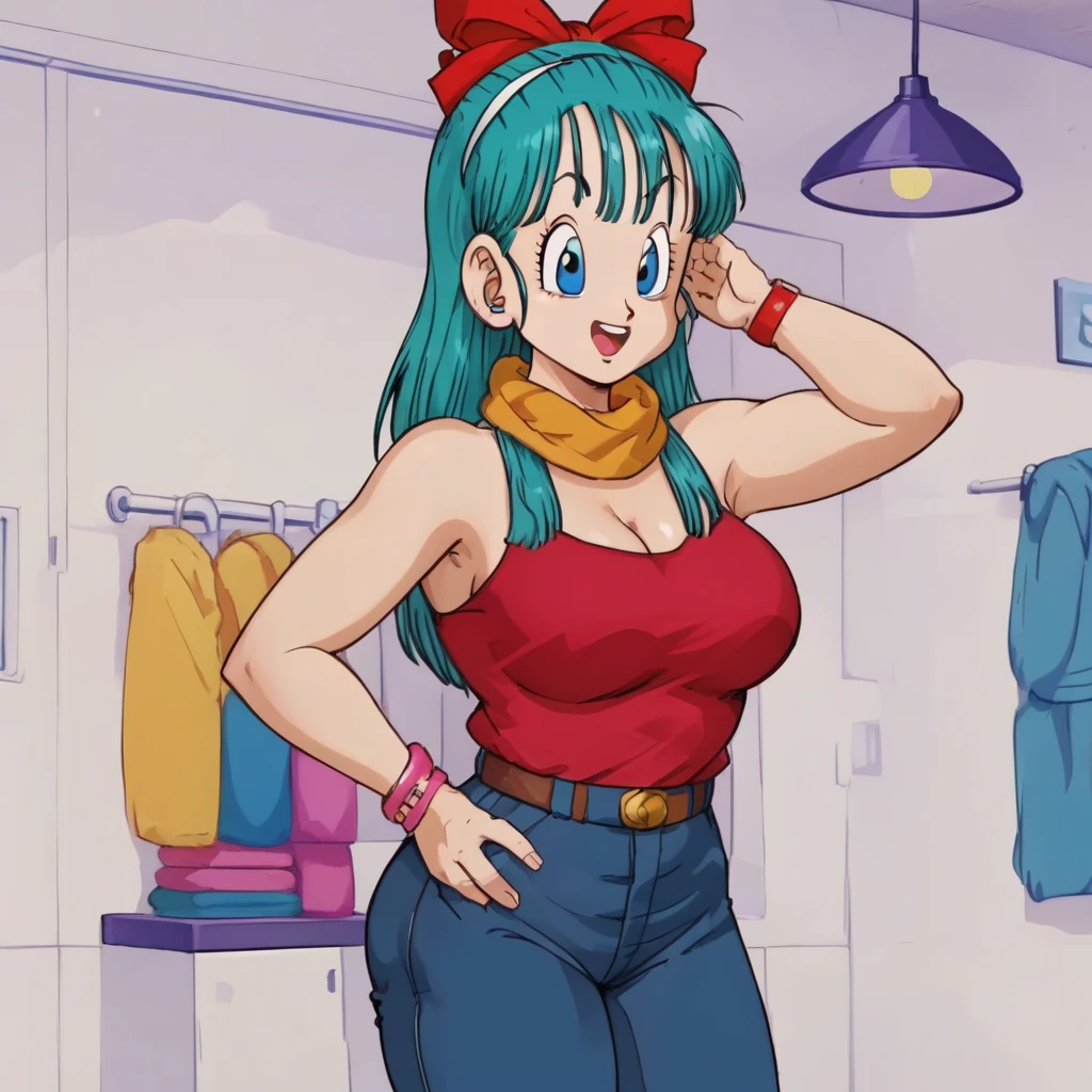 source_,   score_9,   score_8_above,   score_7_above,  animado screencap, Bulma \( dragon ball\), long hair, Aqua Hair, blue eyes wristwatch, desnuda,  jeans pants , clavicle,   inner room  ,  Curvy young woman ,  big breasts and big butt ,  poses with arms raised at her sides, making a fist ,  showing her armpits, chubby, curvy body