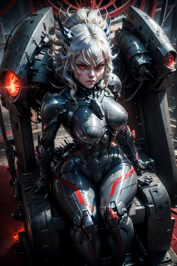 Mechanical Weapon Girl. （Close-up）Full body bodysuit. Latex. Cyber wind. Light armor. A look of contempt. Grey hair. Breasts perky. Glowing red eyes. Glowing core. A mechanical monster in the background. large sharp claws; Mechanical Fang. Red and black machine. Battleship. Sit down. Cross legs. Arms crossed. A swarm of mechanical insects.