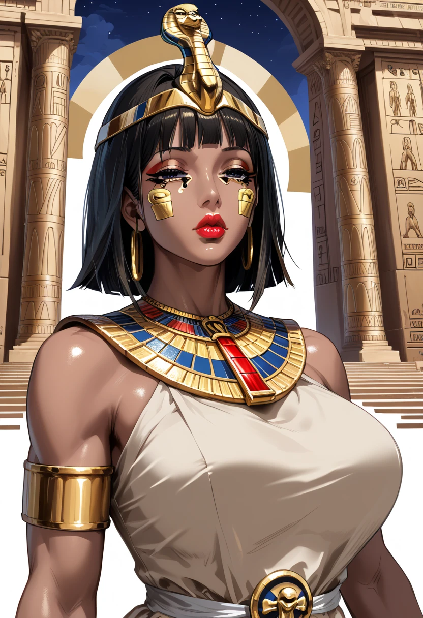 ((2d sketch:1.4)), ((Upper body view:1.4)), ((masterpiece)),(((best quality))), ((egyptian empress, mature face)), ((middle eastern eyes:1.4)), ((beige gown)), (((breastplate))), defined cheekbones, high cheekbones, illustration, muscular, ((gold:1.4)), sexy bimbo, (gigantic breasts:1.7) black hair, ((detailed face:1.4)) beautiful woman, (egyptian:1.4) (brown skin:1.4) , (red lipstick:1.4), shiny skin, ((skindentation)), scribbles and marks,(puffy lips:1.4) ,  (temple: 1.5), ( at night: 1.5), rough sketches, pose, 8k,16k, ( background, white background: 1.3) ((warm color palette)), ((future aesthetic))