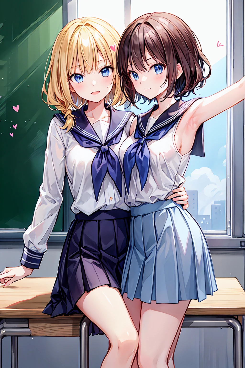 (masterpiece:1.3, highest quality, ultra high resolution, super detailed), (realistic:1.1, photorealistic:1.4), beautiful illustrations, perfect lighting, colorful, Depth of the bounds written, 
beautiful fine hair, beautiful and detailed face, detailed and beautiful eyes, beautiful clavicle, beautiful body, beautiful breasts, beautiful thighs, beautiful feet, beautiful fingers, 
looking at the viewer, 1 girl, Japanese, high school girl, perfect face, (perfect anatomy, anatomically correct), Cute symmetrical face, baby face, sunburn, shiny skin, 
(middle hair:1.5, twin tails:1.2, blonde hair), asymmetrical bangs, blue eyes, long eyelash, (medium breasts), thin, 
((collared short sleeve shirt, light blue shirt, , Grey plaid pleated skirt, navy them)), light blue panties, 
(beautiful scenery), evening, (outdoor, distant cityscape), Are standing, (peace sign), (cute smile, upper eye, open your mouth), surprised face:1.2、The wind is blowing
