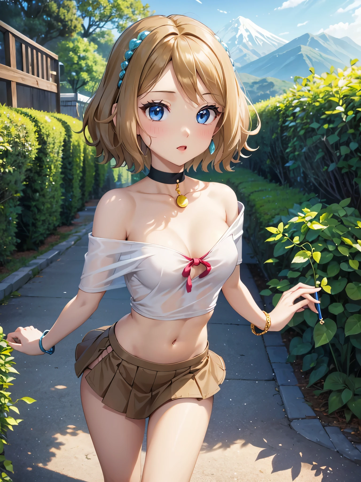 1woman, beautiful woman, photo of slim girl model, cute young woman, happy, small, (Young), good-looking, very short blouse, miniskirt, light brown hair, short hair, wavy hair, bare arms, large breasts, blue eyes, perfect anatomy, perfect hands, detailed eyes, navel, midriff, beautiful and detailed lips, woven bracelets, outdoors, japanese street, standing, standing on one leg, close up, long eyelashes, beautiful face, detailed eyelashes, detailed lips, lip gloss, anime style, naughty face, bare shoulders, plunging neckline, mountains,