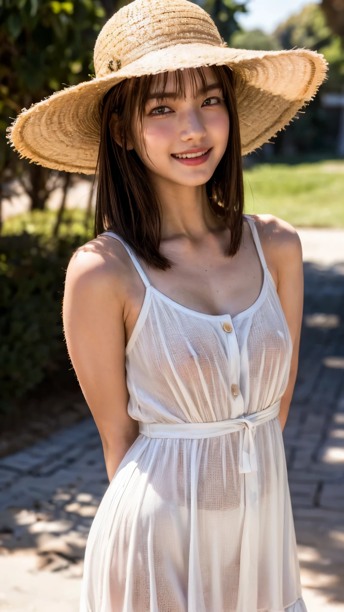 (nsfw),(censored turn off),(realistic, photo-realistic :1.37), (best quality, masterpiece:1.2), 8k, RAW photo, high resolution photograph, extremely detailed, intricate details, sharp details, sharp focus, (portrait, frontal photography), solo, 1girl, (flat chest, sundress, sunhat:1.2), braless, covered nipples, ((big smile)), detailed face, detailed eyes, beautiful pupils, sophisticated nose, pale skin, fine-textured skin, sweaty, shiny skin, collarbone, bare shoulders, (arms behind back), outdoors, magic hour, sunset, [Rei Ozono]