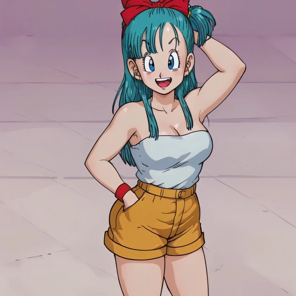 source_ entusiasmado,   score_9,   score_8_above,   score_7_above,  excited screencap, Bulma \( dragon ball\), long hair, one side above, outskirts_Cut, Aqua Hair, blue eyes wristwatch, Pink tube top, neckline,   bare shoulders  , strapless,   hair ties  , wristband,  brown shorts , clavicle,   inner room  ,  Curvy young woman ,  big breasts and big butt ,  poses with arms raised at her sides, making a fist ,  showing her armpits, chubby, curvy body