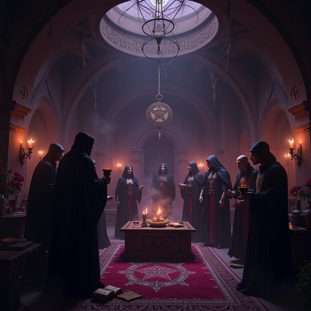 A scene with a group of people in prayer they are in long dark red robes which is pulled on the ground behind each person their faces are covered by the shade caused by the hoodie. The dim candle lights and their shadows add to the demonic vibe yet literally supernatural sense. Their master standing on a platform is in black robe wearing a task... highlighting the spiritual dimension of the study.