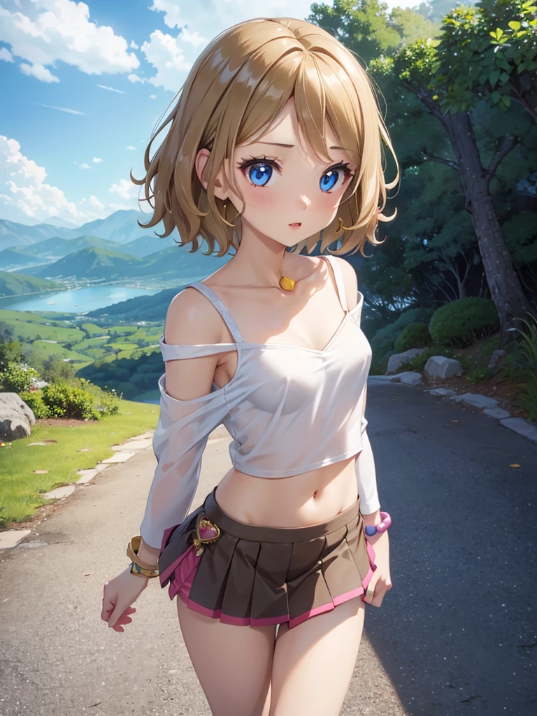 ((Masterpiece)), ((best quality)), (Anime), ((kawaii)), ((extremely detailed)), 4K, (8K), (super detail:1.2),(High Definition:1.3), (Professional Photography:1.2), (wide shot), cinematic lighting, (very aesthetic:1.2), (absurdres:1.2), (sharp focus), (perfect light), ((12 years old)), 1girl, (Very shy and blush), (Glossy lips), upper body, looking at viewer, (loose bikini top), O-ring, (swept bangs), low ponytail, ((loose cute pants pull up)), choker, pale brown hair, small breast, cute hips, (mist effect:1.3), (on the steps of a building:1.3),