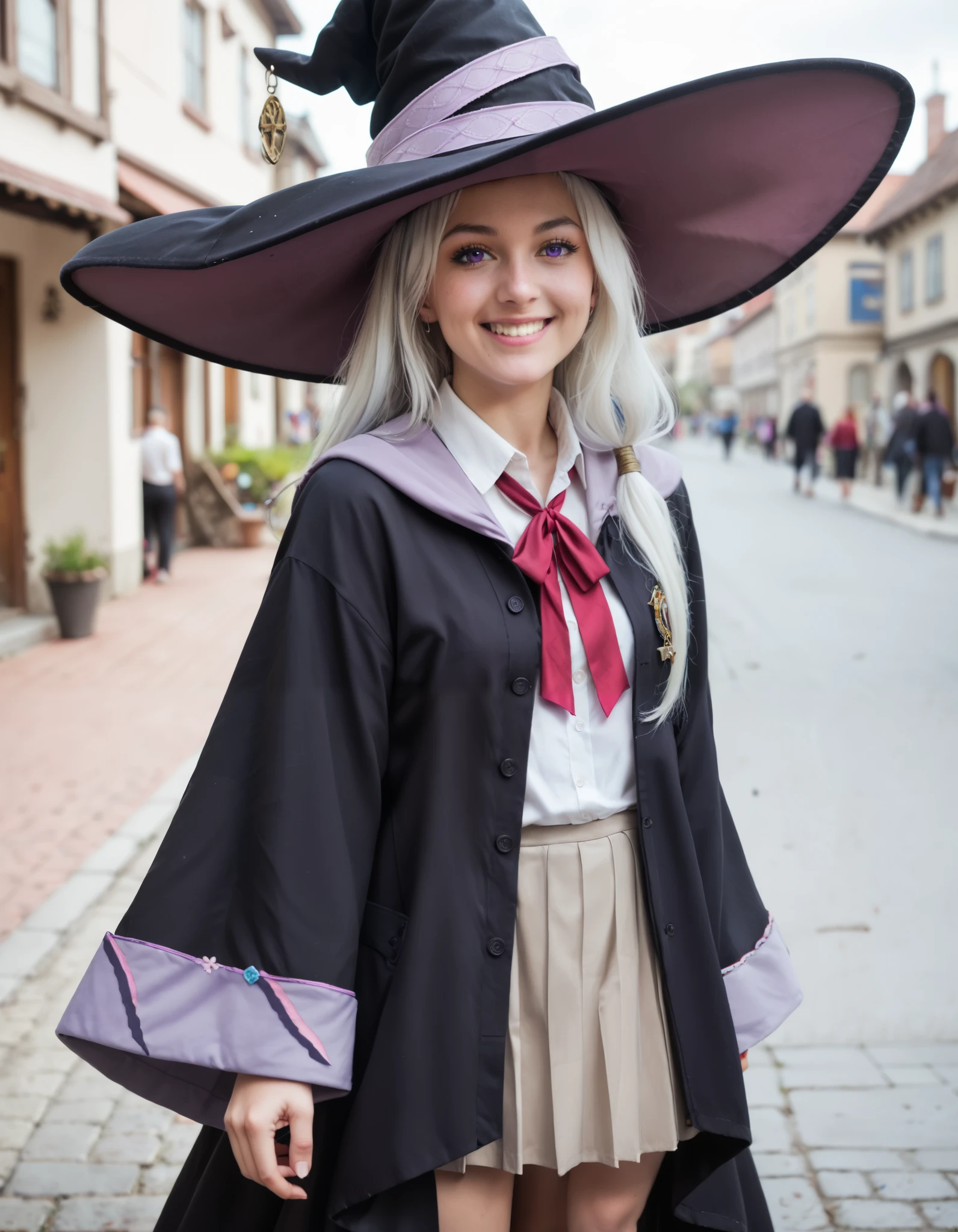 Masterpiece, hd, best quality, realistic, cosplayer, detailed, elaina \(majo no tabitabi\),purple eyes, grey hair, white hair, long hair,witch hat,collared shirt,robe,wide sleeves,pleated skirt,frilled skirt,pointy footwear, standing, outdoor, village, fullbody, smile