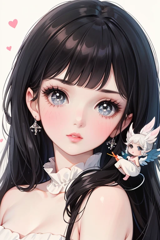  Beautiful girl ,  long silky straight black hair, blunt bangs,  grey eyes, super detailed big eyes and lips, cupid bow lips, blushing, long eyelashes,makeup douyin, focus on eyes
