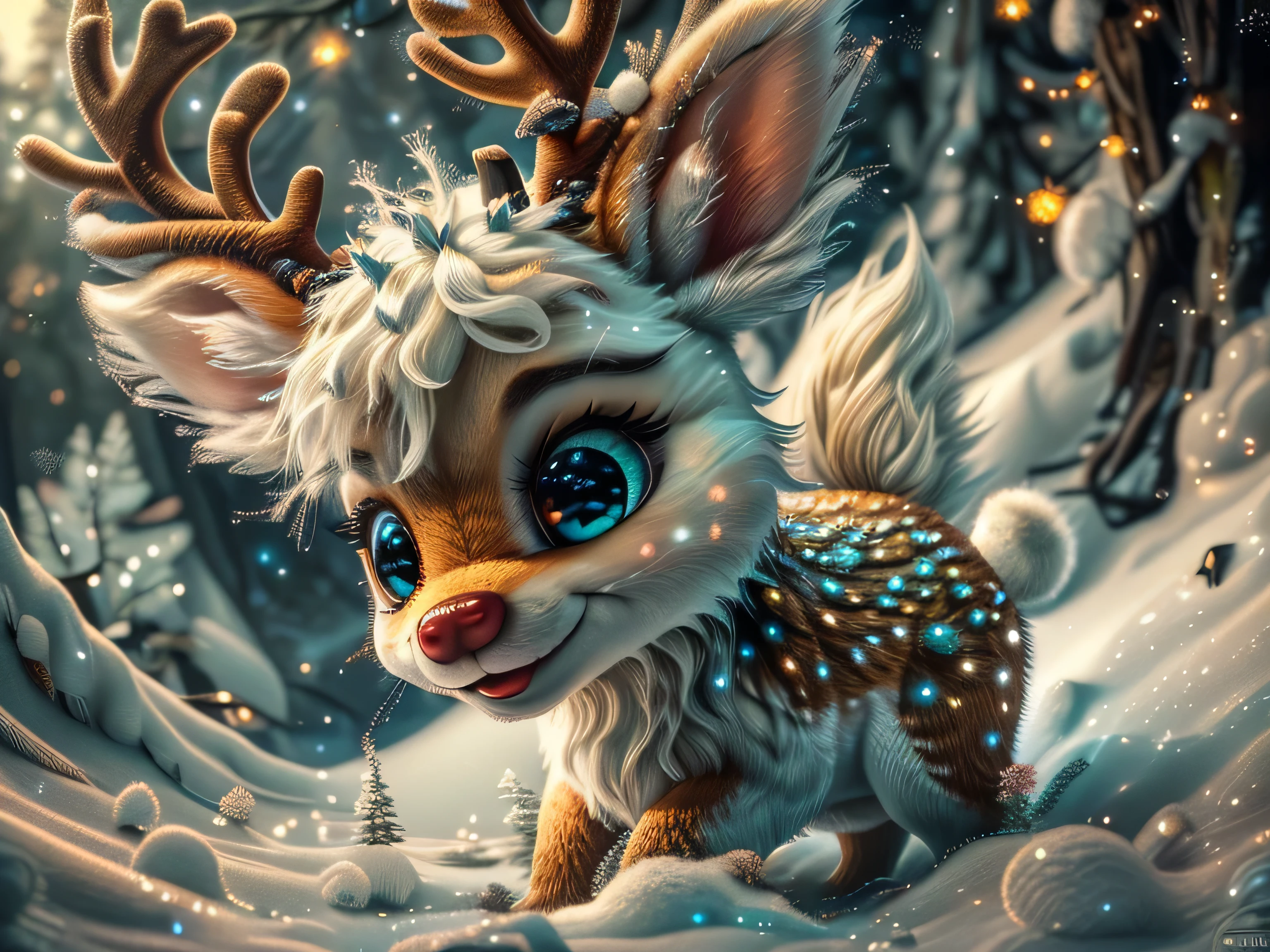 Magical Fantasy Creature, (Best Quality, Masterpiece, Representative Work, Official Art, Professional, Super Detailed, 8k:1.3), (Photorealism:1.2) Super Cute, Big Eyes, Soft, Soft Nose, Fluffy, Double-Toothed Smile, Aurorastyle, Highly detailed Dynamic shot of majestic adorable baby reindeer, high quality, beautiful masterpiece, fantasy creature, kawaii, digital art, glowing sparkles, Realistic, Beautiful, Stars in Eyes, Soft Volumetric Light, (Backlight:1.3), (Cinematic:1.2), Intricate Details, (ArtStation:1.3), --auto --s2