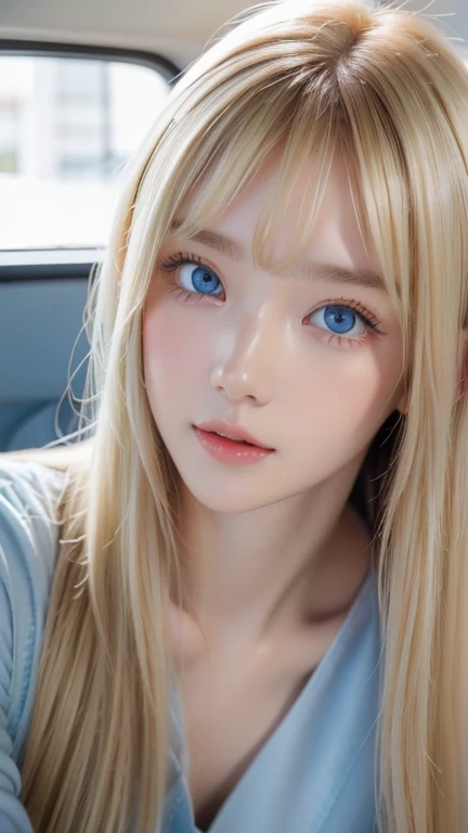 Beautiful, white and radiant skin、Blonde hair that changes color depending on the light、Long bangs between the eyes obstruct vision、Shiny highlights on the cheeks、 sexy and very beautiful lovely cute gorgeous face、 World's Most Beautiful Face 、 super long gorgeous spare blonde hair、 Smooth Straight Hair 、 Big Breasts , Huge,  bright ,  Light Blue Eyes 、Beautiful Bangs、 beautiful cute girls .Small Face Beauty、 cheek gloss highlights 